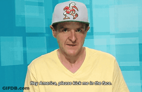 A Man Wearing A White Hat With A Bird On It Says Hey America Please Kick Me In The Face GIF