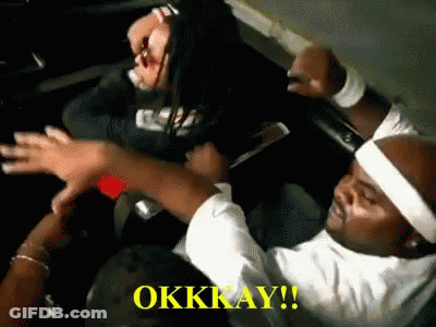 A Man Wearing A White Headband Is Holding A Woman 'S Hand And Says Okkay ! GIF