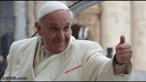 A Man Wearing A White Jacket That Says Pope Approved GIF