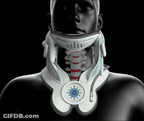 A Man Wearing A White Neck Brace With A Blue Button GIF