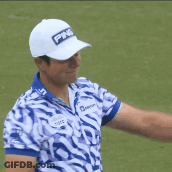 A Man Wearing A White Ping Hat And A Blue And White Striped Shirt GIF