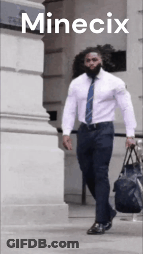 A Man Wearing A White Shirt And Blue Tie Is Carrying A Bag And The Word Minecix Is On The Bottom GIF