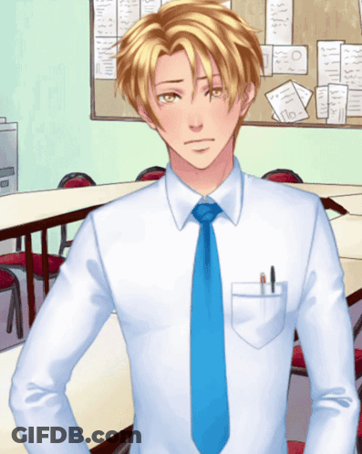A Man Wearing A White Shirt And Blue Tie Stands In Front Of A Bulletin Board GIF