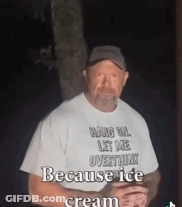 A Man Wearing A White Shirt That Says `` Hang On , Let Me Overthink Because Ice Cream '' GIF