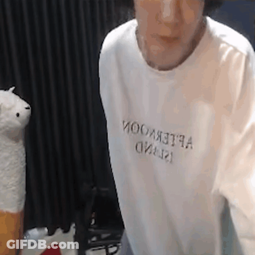 A Man Wearing A White T-Shirt Is Standing In Front Of A Stuffed Llama . GIF