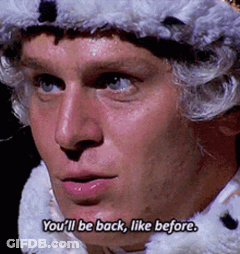 A Man Wearing A Wig And Hat Says You 'Ll Be Back Like Before GIF