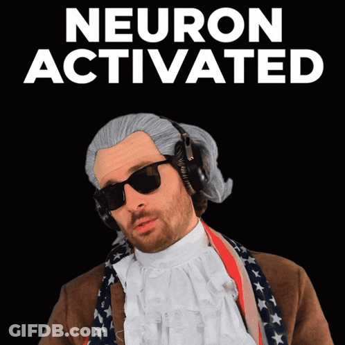 A Man Wearing A Wig And Headphones Stands In Front Of A Black Background That Says Neuron Activated GIF