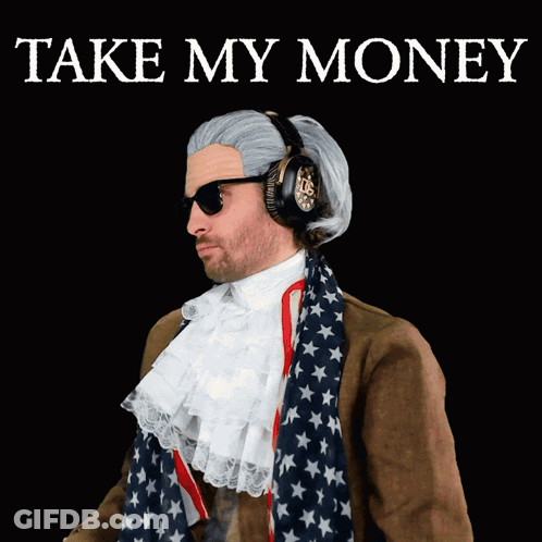 Man With Wig And Headphones Take My Money GIF