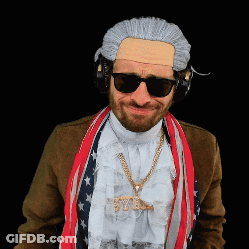A Man Wearing A Wig And Sunglasses Has A Necklace That Says Bye On It GIF