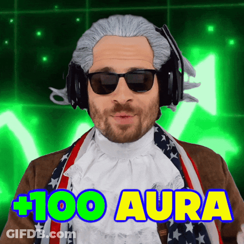 A Man Wearing A Wig And Sunglasses Has The Words 100 Aura Above His Head GIF