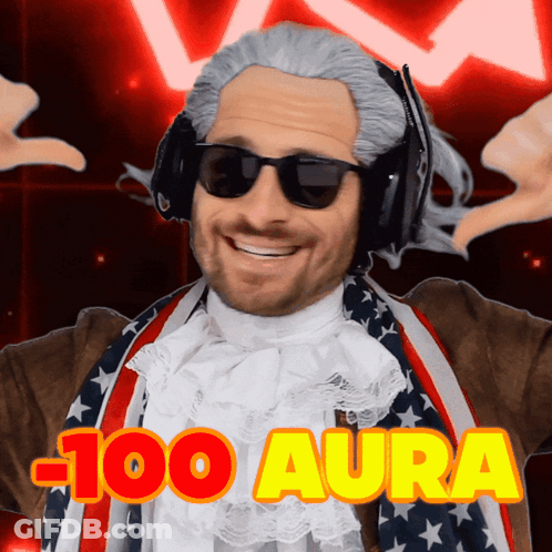 A Man Wearing A Wig And Sunglasses Has The Words 100 Aura On His Chest GIF