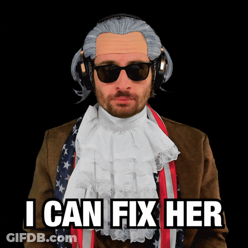 A Man Wearing A Wig And Sunglasses Has The Words I Can Fix Her Above Him GIF