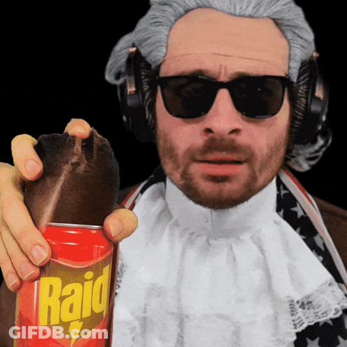 A Man Wearing A Wig And Sunglasses Holds A Can Of Raid GIF