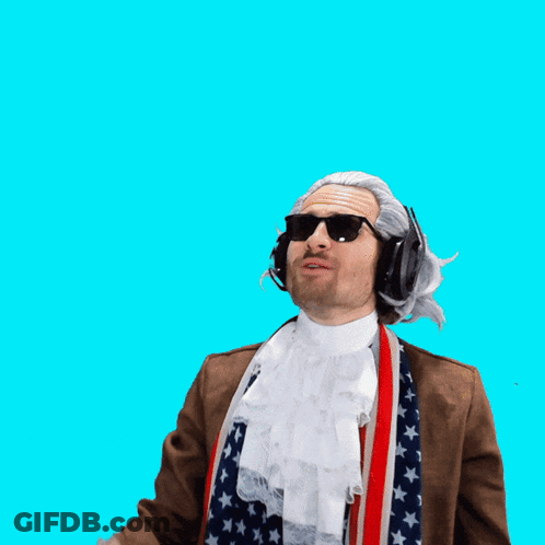 A Man Wearing A Wig And Sunglasses Holds His Hands Up In Front Of A Happy Anniversary Sign GIF