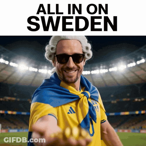 A Man Wearing A Wig And Sunglasses Holds Out His Hand With The Words All In On Sweden Behind Him GIF