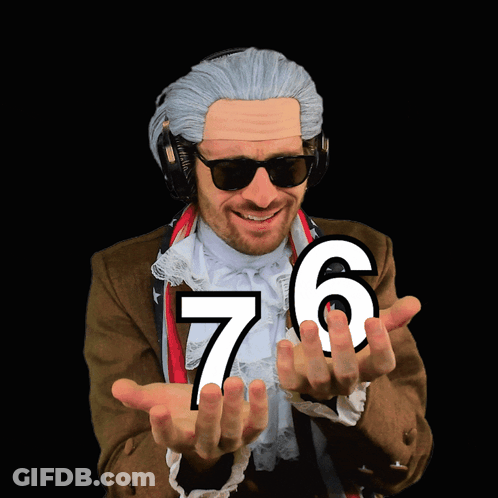 A Man Wearing A Wig And Sunglasses Holds Up The Number 76 In His Hands GIF
