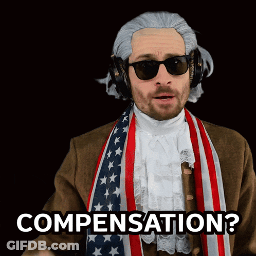 A Man Wearing A Wig And Sunglasses Is Asking For Compensation GIF