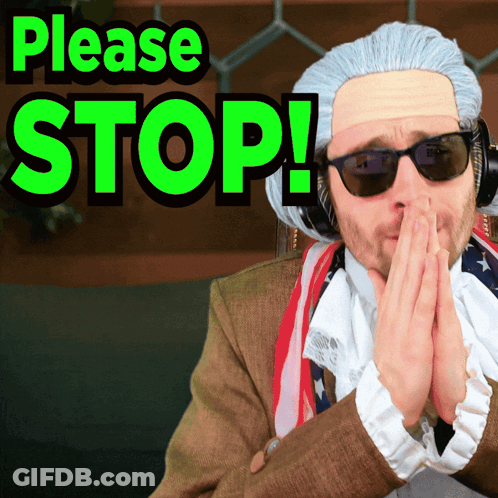 A Man Wearing A Wig And Sunglasses Is Asking To Stop GIF