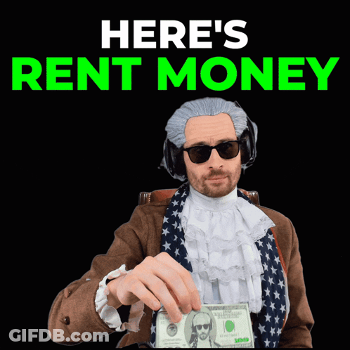 A Man Wearing A Wig And Sunglasses Is Holding A 100 Dollar Bill GIF