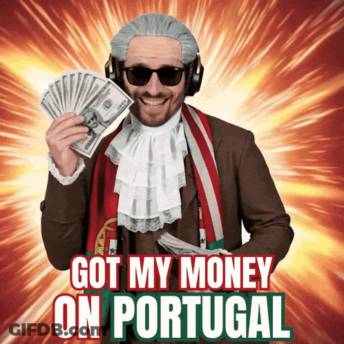 A Man Wearing A Wig And Sunglasses Is Holding A Bunch Of Money And The Words Got My Money On Portugal GIF