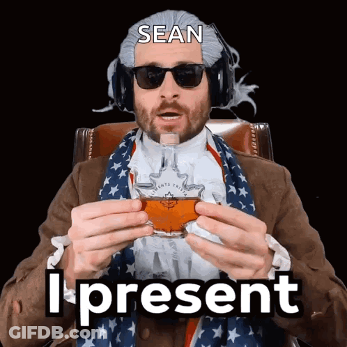 A Man Wearing A Wig And Sunglasses Is Holding A Glass Of Whiskey With The Words Sean I Present Below Him GIF