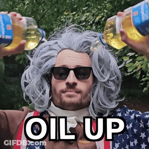 A Man Wearing A Wig And Sunglasses Is Holding Two Bottles Over His Head With The Words Oil Up Written On The Bottom GIF