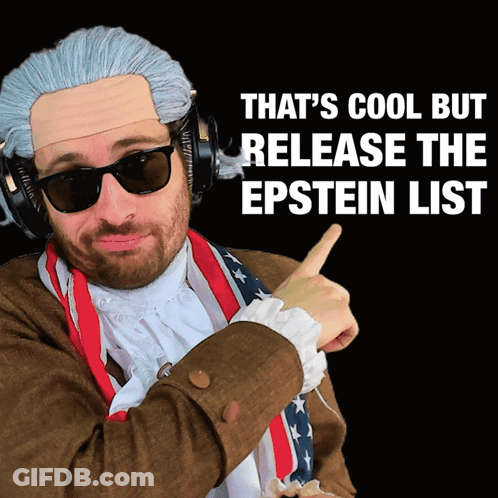 A Man Wearing A Wig And Sunglasses Is Pointing To The Epstein List GIF
