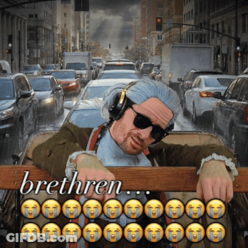 A Man Wearing A Wig And Sunglasses Is Sitting In A Wagon With The Word Brethren Written On It GIF