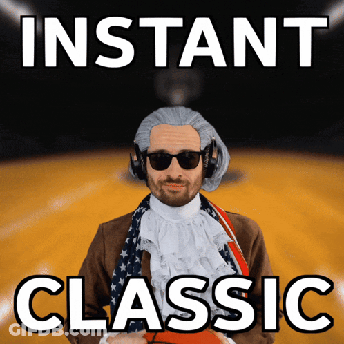 A Man Wearing A Wig And Sunglasses Is Standing In Front Of A Sign That Says Instant Classic GIF