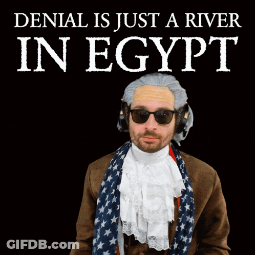 A Man Wearing A Wig And Sunglasses Says Denial Is Just A River In Egypt On A Poster GIF
