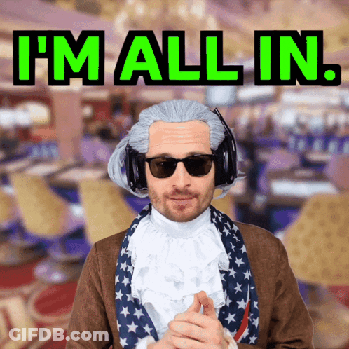 A Man Wearing A Wig And Sunglasses Says " I 'M All In " GIF