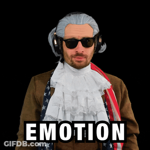A Man Wearing A Wig And Sunglasses Stands In Front Of A Banner That Says Emotion GIF