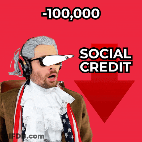 A Man Wearing A Wig And Sunglasses Stands In Front Of An Arrow Pointing Down That Says Social Credit GIF