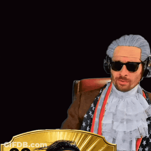 A Man Wearing A Wig And Sunglasses Stands Next To A Gold Card That Says 99 St GIF