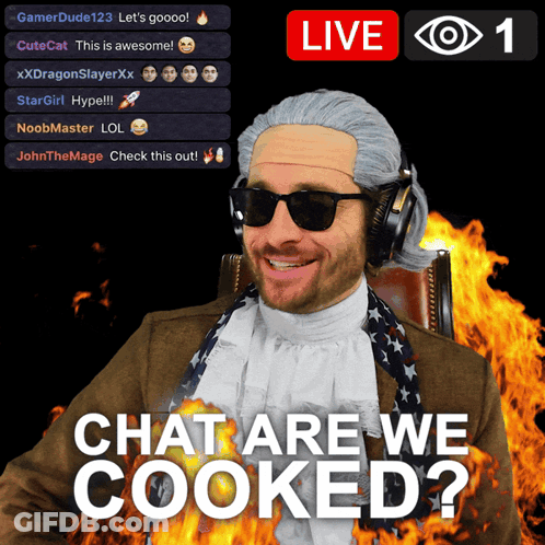A Man Wearing A Wig And Sunglasses With The Words Chat Are We Cooked On The Bottom GIF