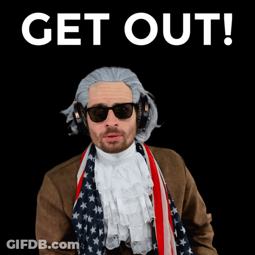 A Man Wearing A Wig And Sunglasses With The Words " Get Out " Behind Him GIF