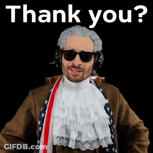A Man Wearing A Wig And Sunglasses With The Words Thank You Behind Him GIF