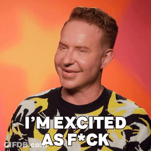 A Man Wearing A Yellow And Black Sweater Says " I 'M Excited As F * Ck " GIF