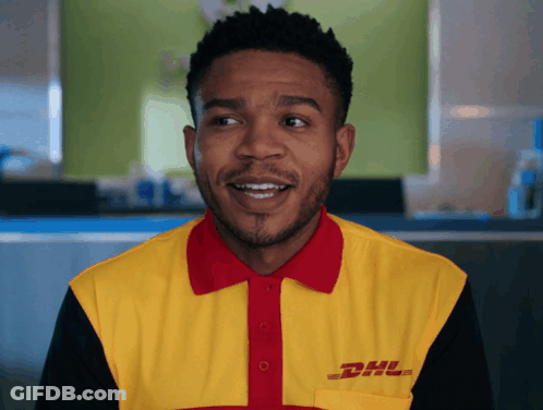 A Man Wearing A Yellow And Red Dhl Polo Shirt GIF