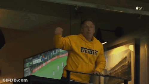 A Man Wearing A Yellow Hoodie With The Word Tigers On It Stands On A Balcony Watching A Soccer Game . GIF