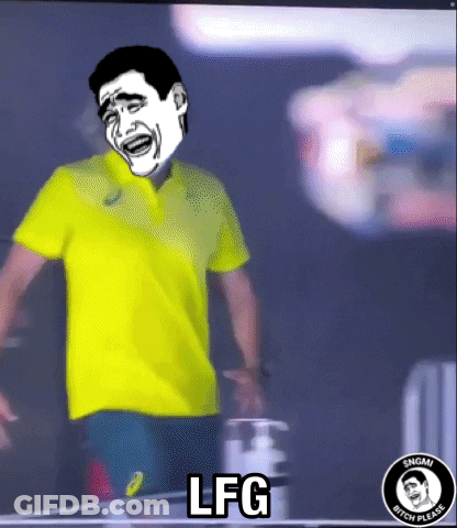 A Man Wearing A Yellow Shirt With A Face On It Is Standing Next To A Bottle That Says Lfg GIF