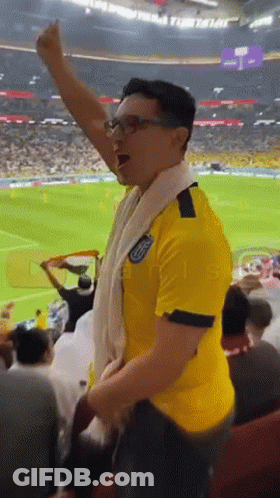 A Man Wearing A Yellow Shirt With A Scarf Around His Neck Stands In A Stadium GIF