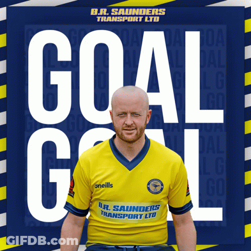 A Man Wearing A Yellow Shirt With The Words Goal Goal On It GIF