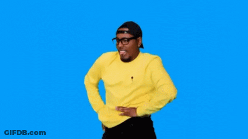 A Man Wearing A Yellow Sweater And A Hat Is Dancing On A Blue Background . GIF