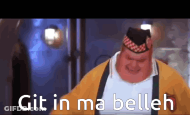 A Man Wearing A Yellow Sweater And Suspenders Is Smiling And Says Git In Ma Belleh GIF