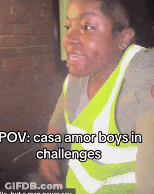A Man Wearing A Yellow Vest With The Words Pov Casa Amor Boys In Challenges GIF