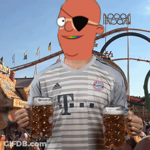 A Man Wearing An Adidas Shirt Is Holding Two Mugs Of Beer In Front Of A Roller Coaster GIF