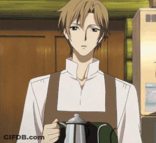 A Man Wearing An Apron Is Holding A Coffee Pot GIF
