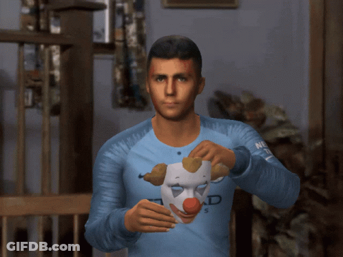 A Man Wearing An Etihad Airways Jersey Is Wearing A Clown Mask On His Face GIF