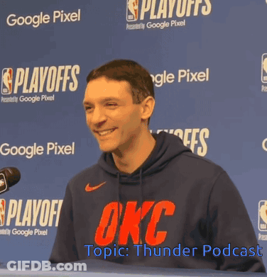 A Man Wearing An Okc Sweatshirt Is Smiling In Front Of A Blue Background That Says Google Pixel GIF